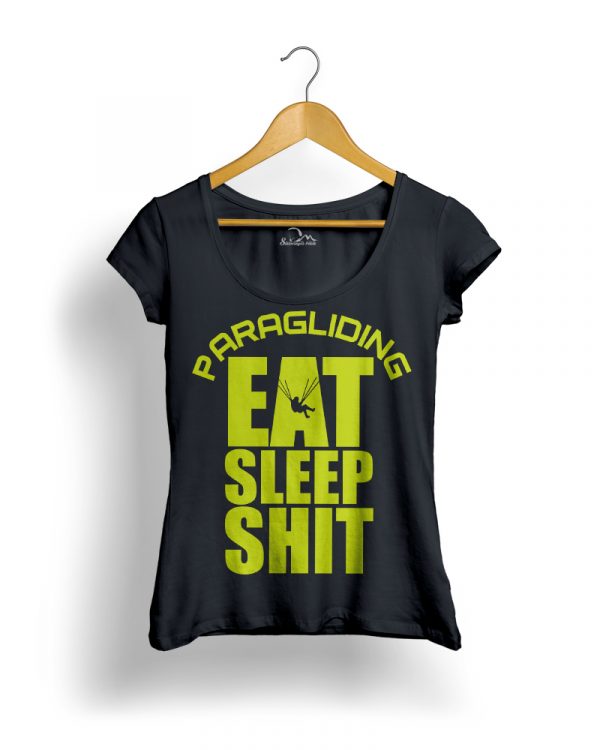 eat sleep shit paragliding siklóernyős női póló fekete neon sárga